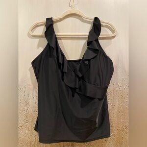 Chaps Women's Black Swim Suit V-Neck Ruffle Top W/Adjustable Strap (Size L)